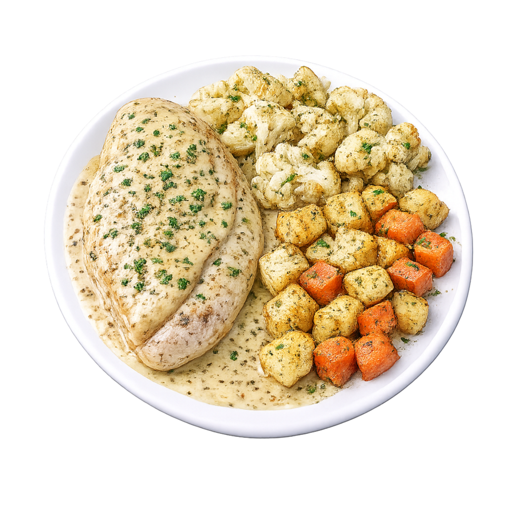 Pollo en salsa de mostaza con vegetales y papas al horno