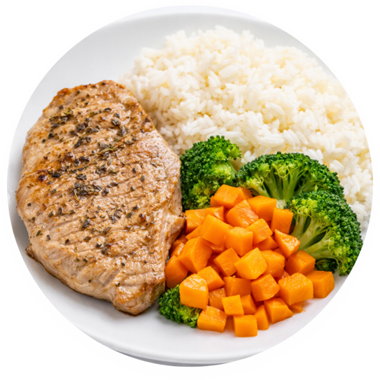 Cerdo al tomillo con verduras al vapor