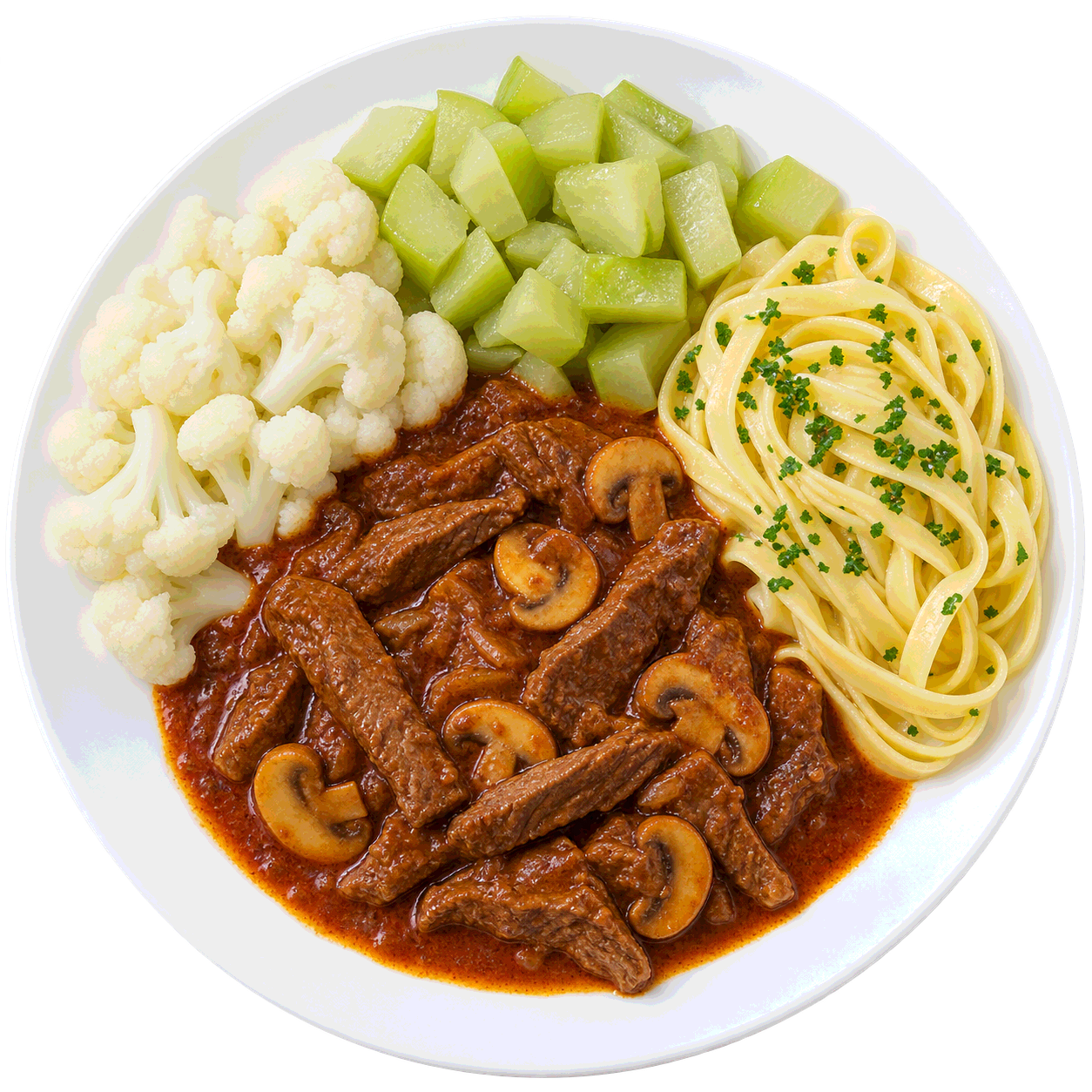 Goulash húngaro de res con fetuccini al ajo y perejil