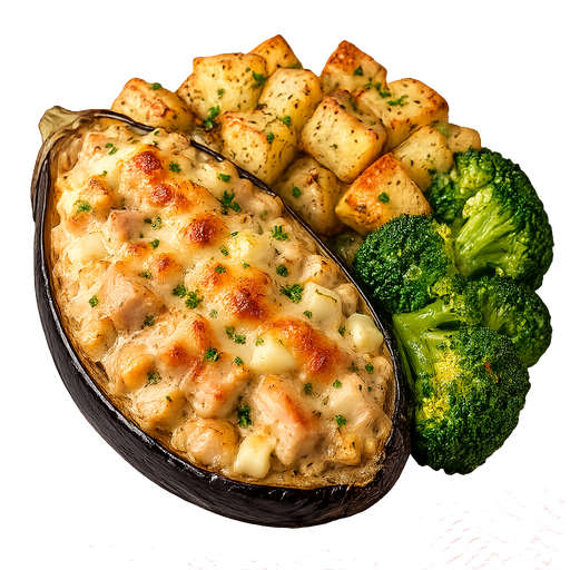 Berenjena rellena de pollo gratinadas con queso 