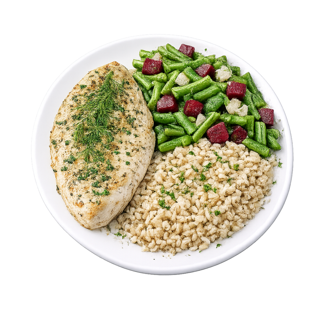 Pollo al hinojo con vegetales mixtos y papas