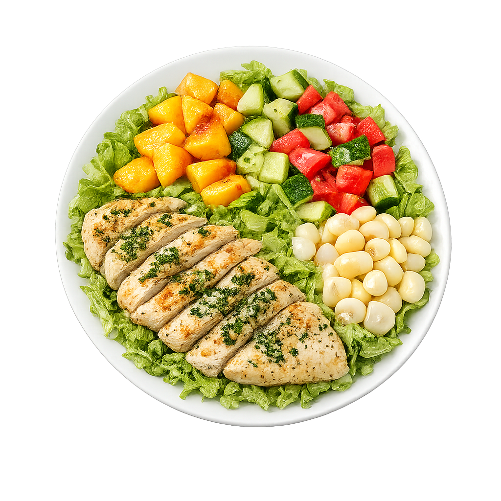 Pollo al durazno y mix de vegetales frescos