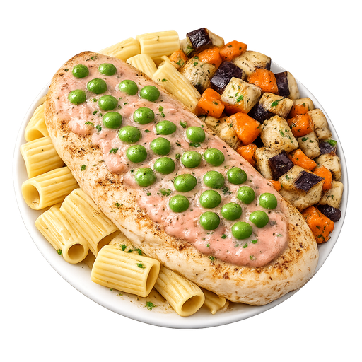 Pasta en salsa Rossini con pollo y vegetales 