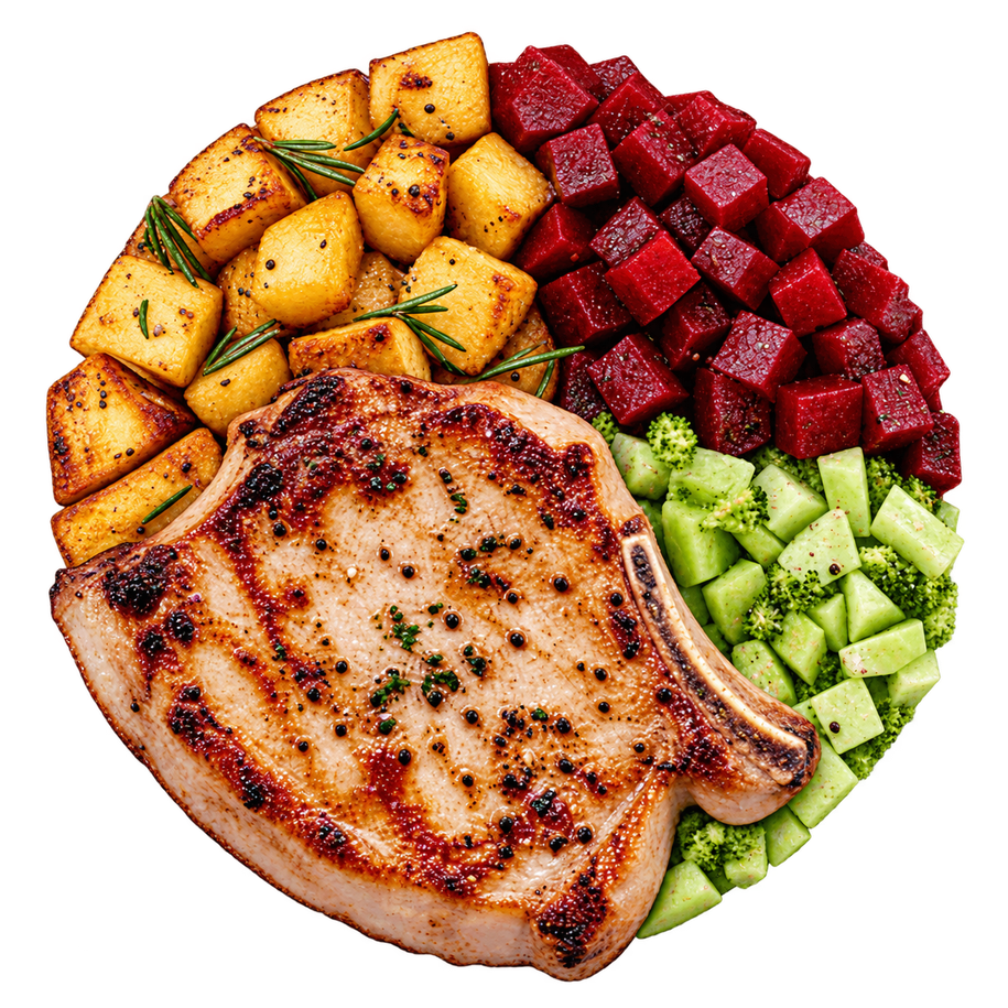 Chuleta de cerdo con papas al horno y vegetales