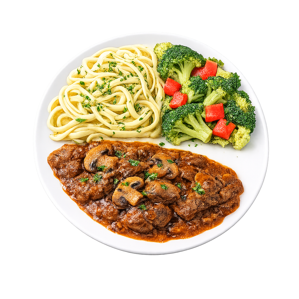 Goulash a la húngara con vegetales y fettuccinis al óleo