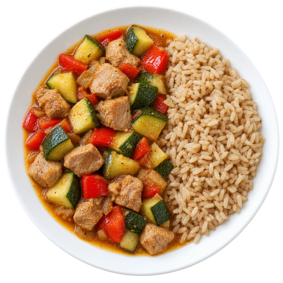 Carne de cerdo con guiso de zucchini