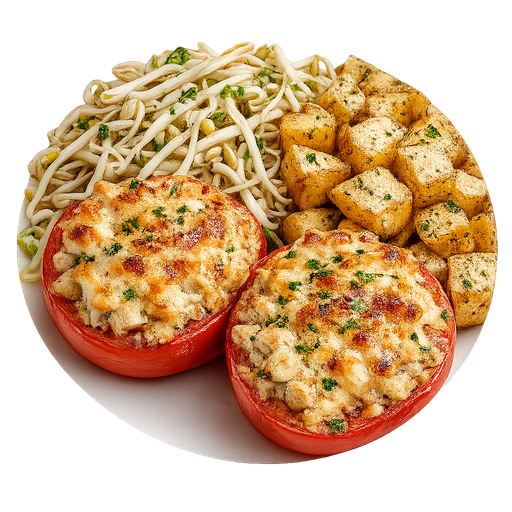 Tomate relleno con pollo gratinado con queso 