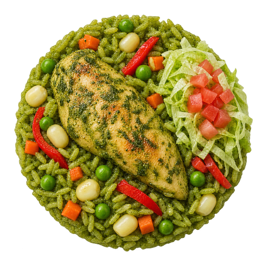 Arroz con pollo y ensalada fresca